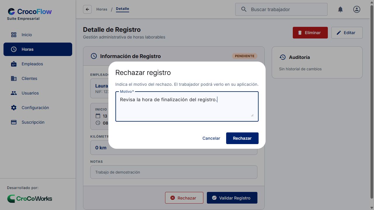 Rechazo: campo de motivo y confirmación