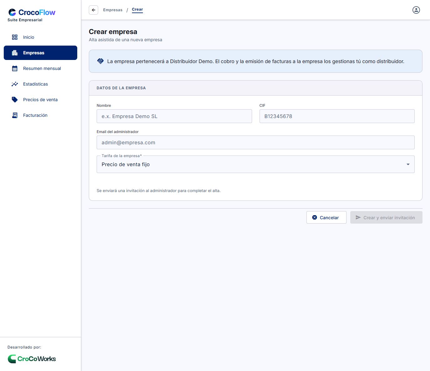 Alta asistida: datos de empresa y administrador